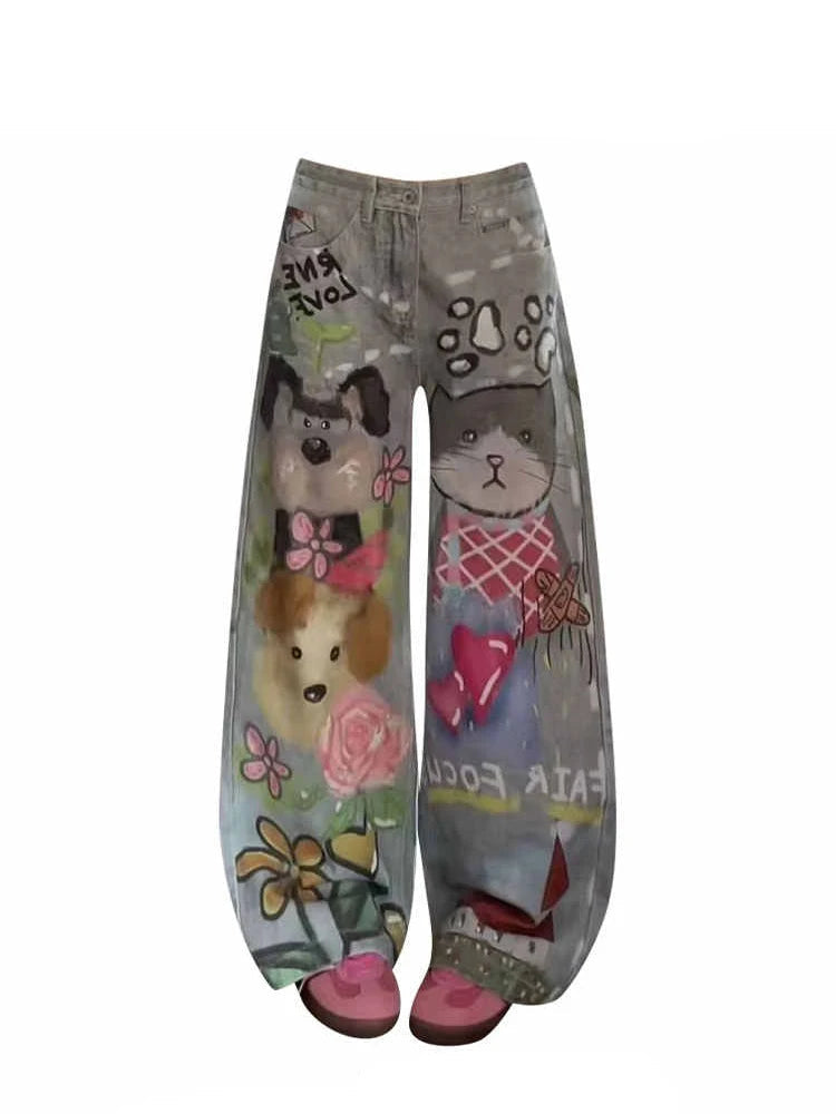 Retro Indie Hand Graffiti Wide Leg Jeans