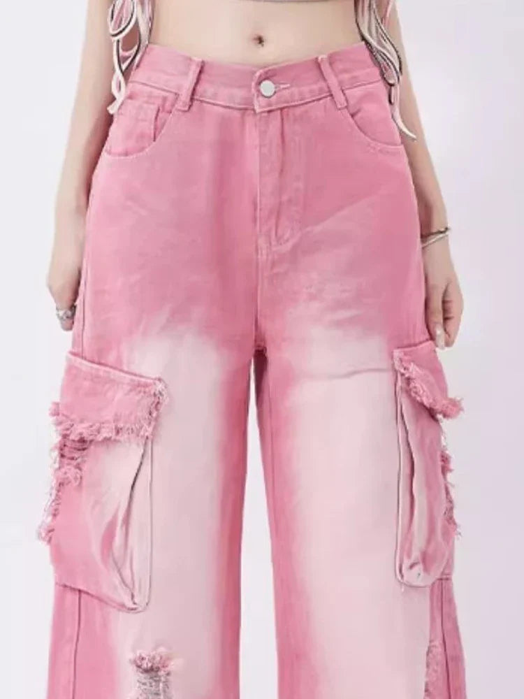 Barbie Core Distressed Cargo Jeans