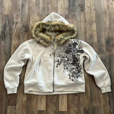 Y2K Graphic Gothic Faux Fur Hoodie