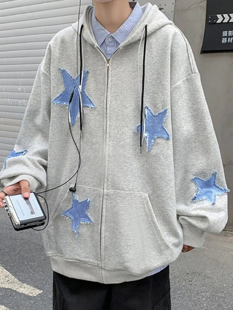 Oversized Star Patch Zip-Up Hoodie
