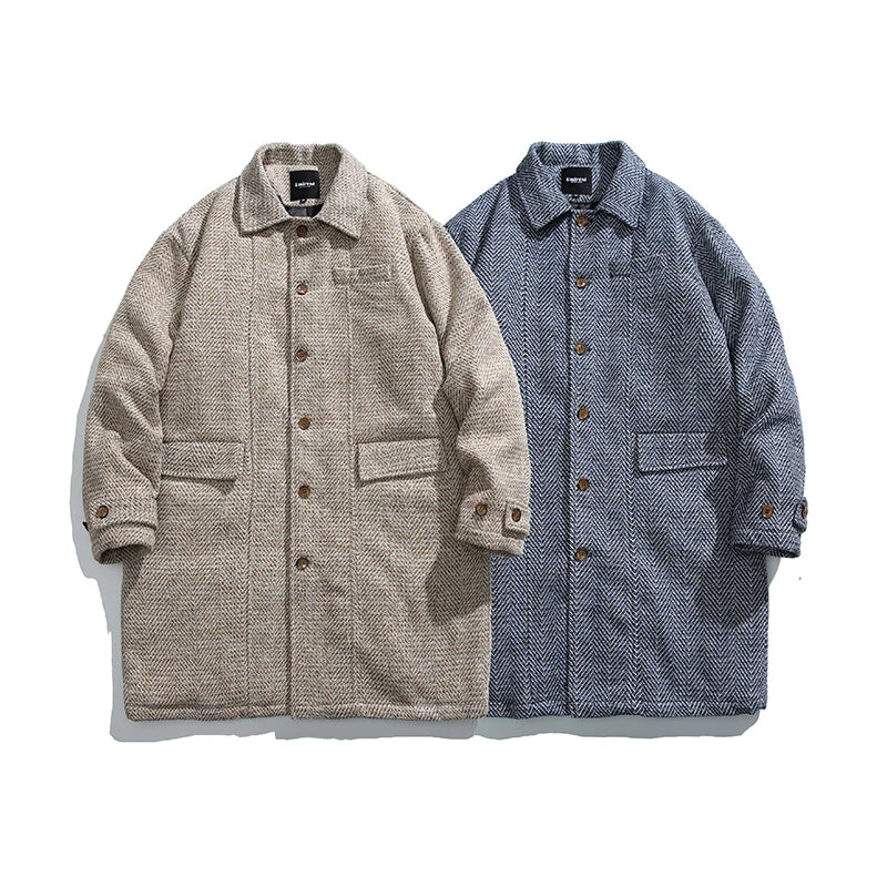 Plaid Woolen Quilted Long Coat