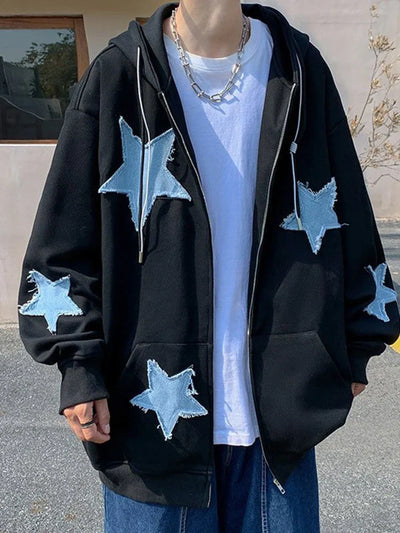 Star Patch Zip-Up Oversized Hoodie