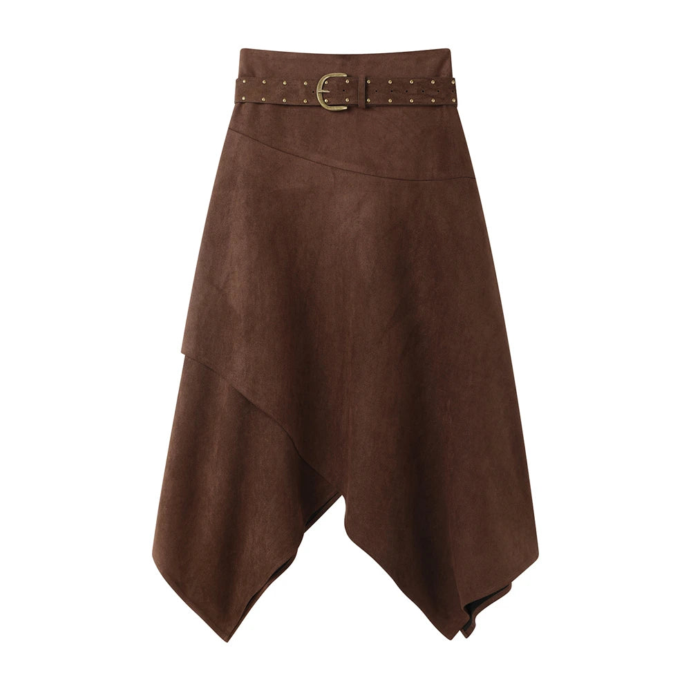 2000s Suede Midi Irregular Skirt With Belt