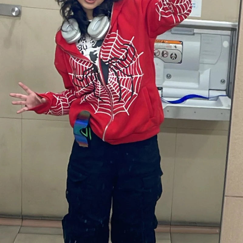 Y2K Spider Web Zip Up Hoodie