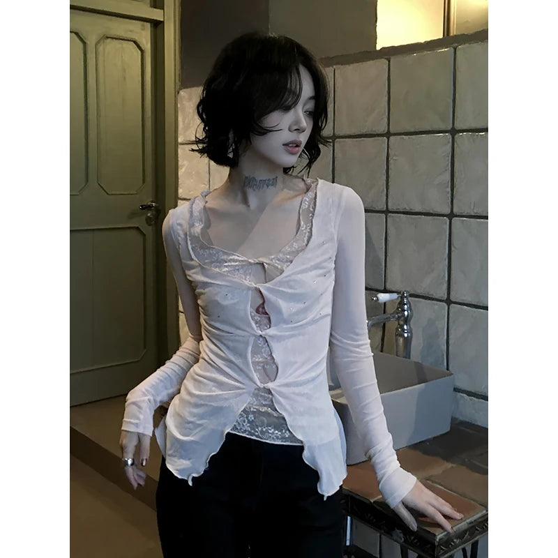 Front Tie Mesh Blouse