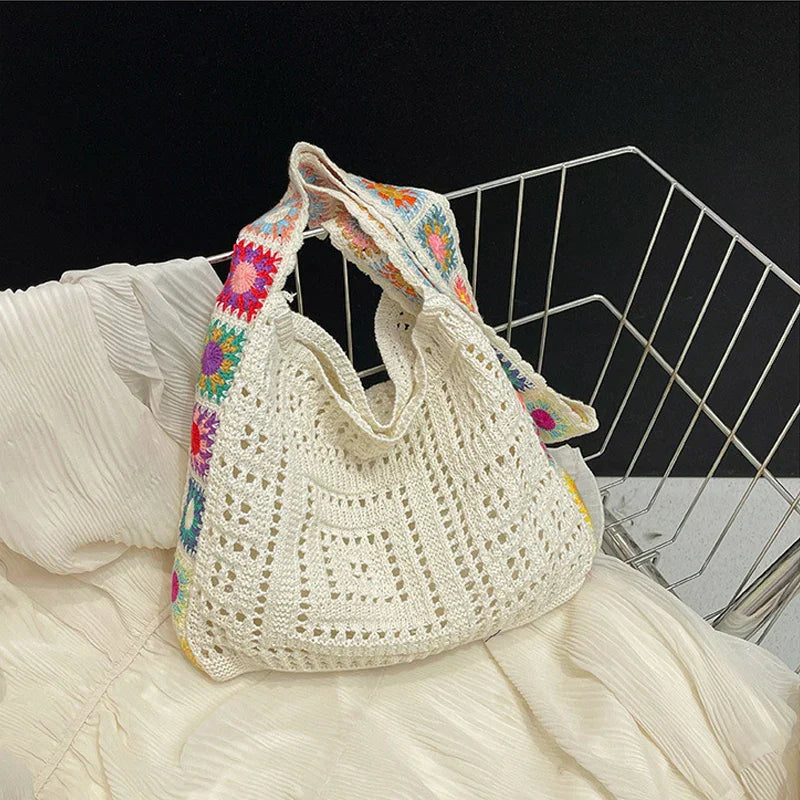 Vintage Boho Tote Bag Floral Crochet Handbag
