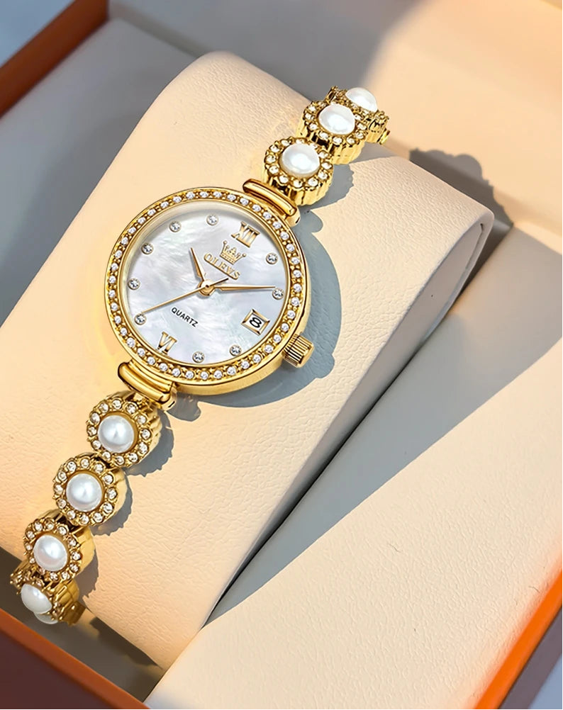 Fully Diamond Pearl Hand Chain Watch