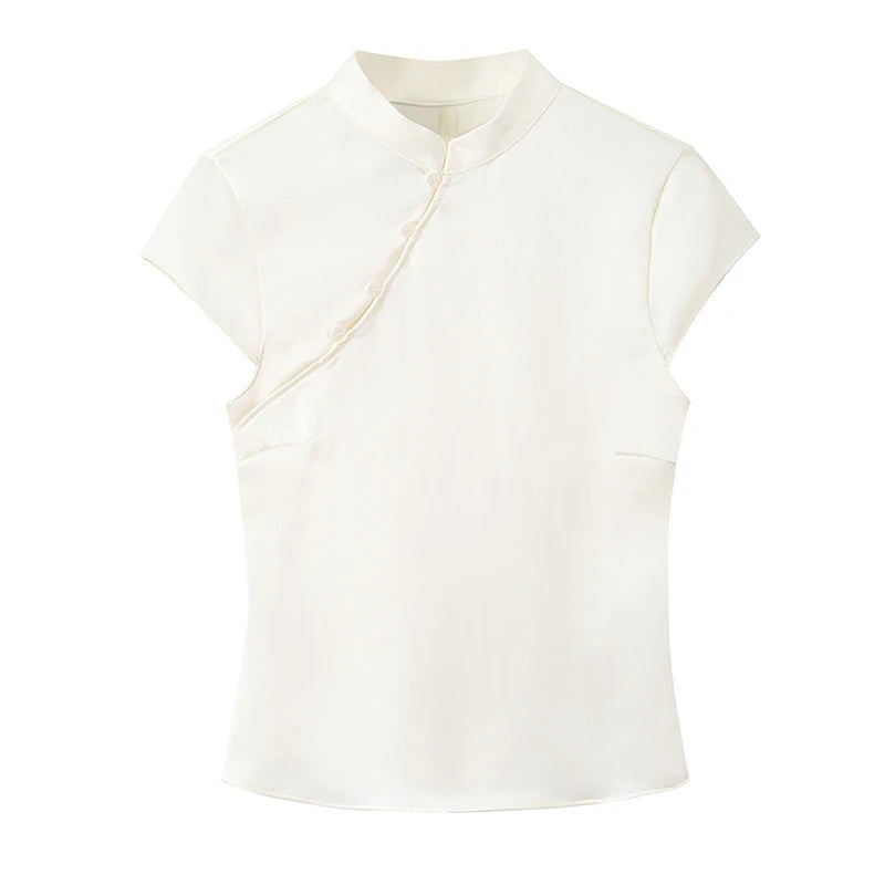 Black Mandarin Collar Side Button Satin Blouse