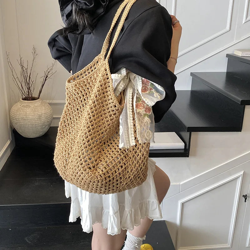 Summer Beach Tote Bag Solid Color Crochet