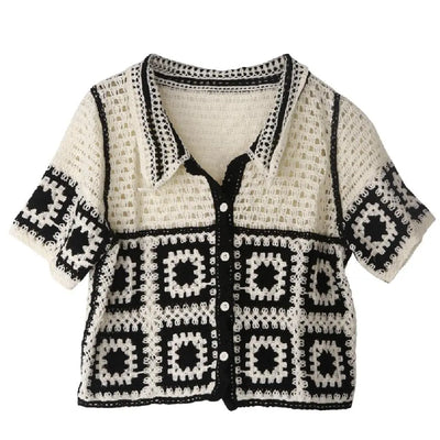 Vintage Crochet Collared Floral Crop Shirt