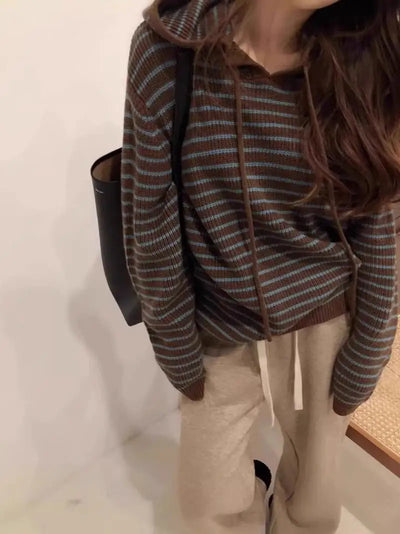 Cozy Brown Knitted Striped Hoodie