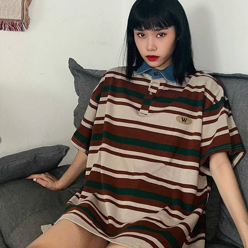 Oversized Retro Stripe Polo T-Shirt