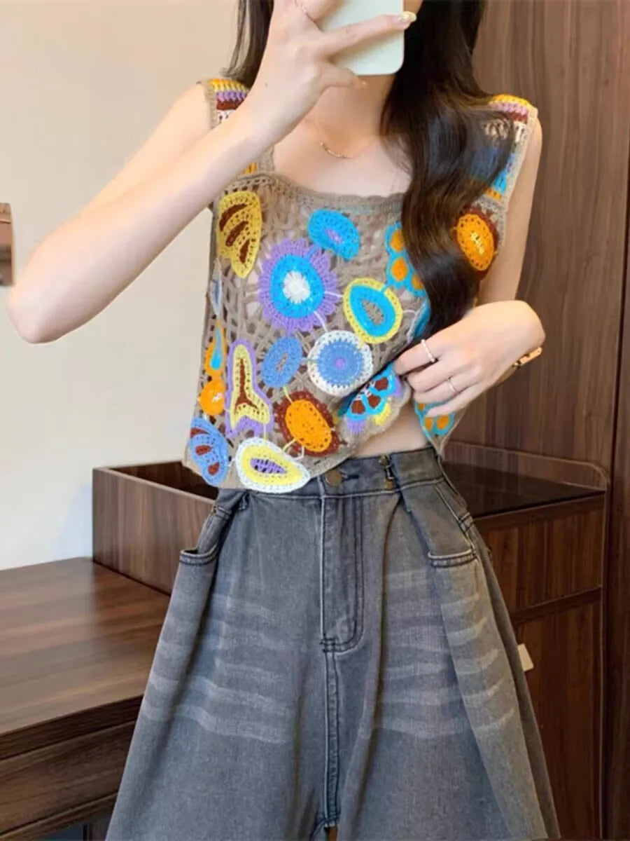 Vintage Knitted Retro Crochet Women Cropped Tank Tops