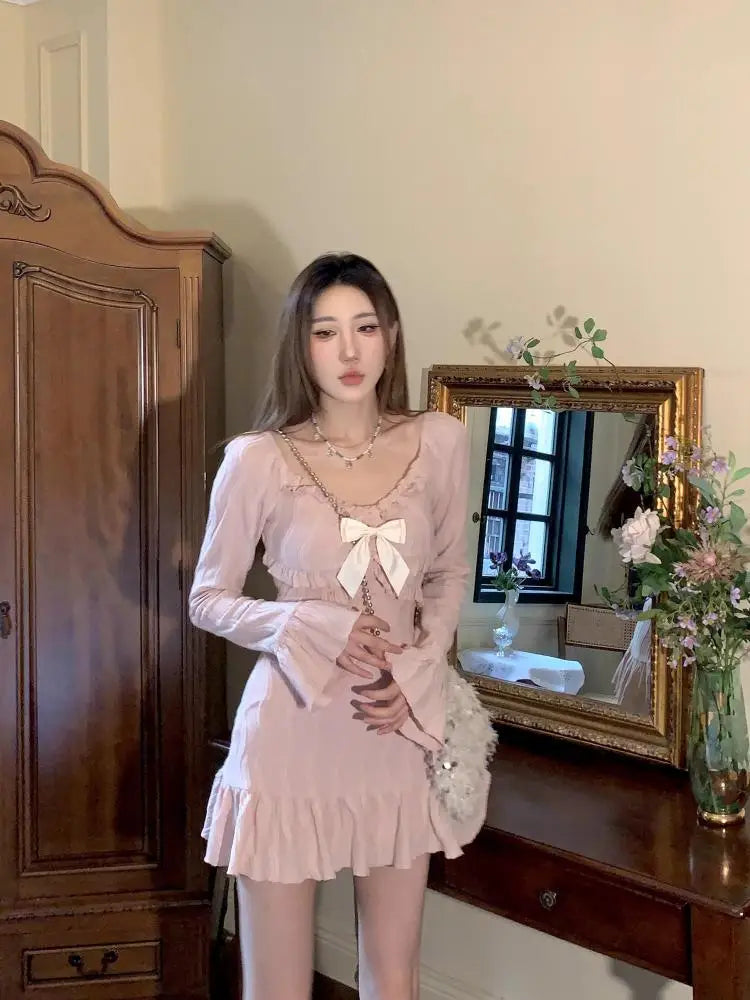 Coquette French Pink Bow Mini Dress