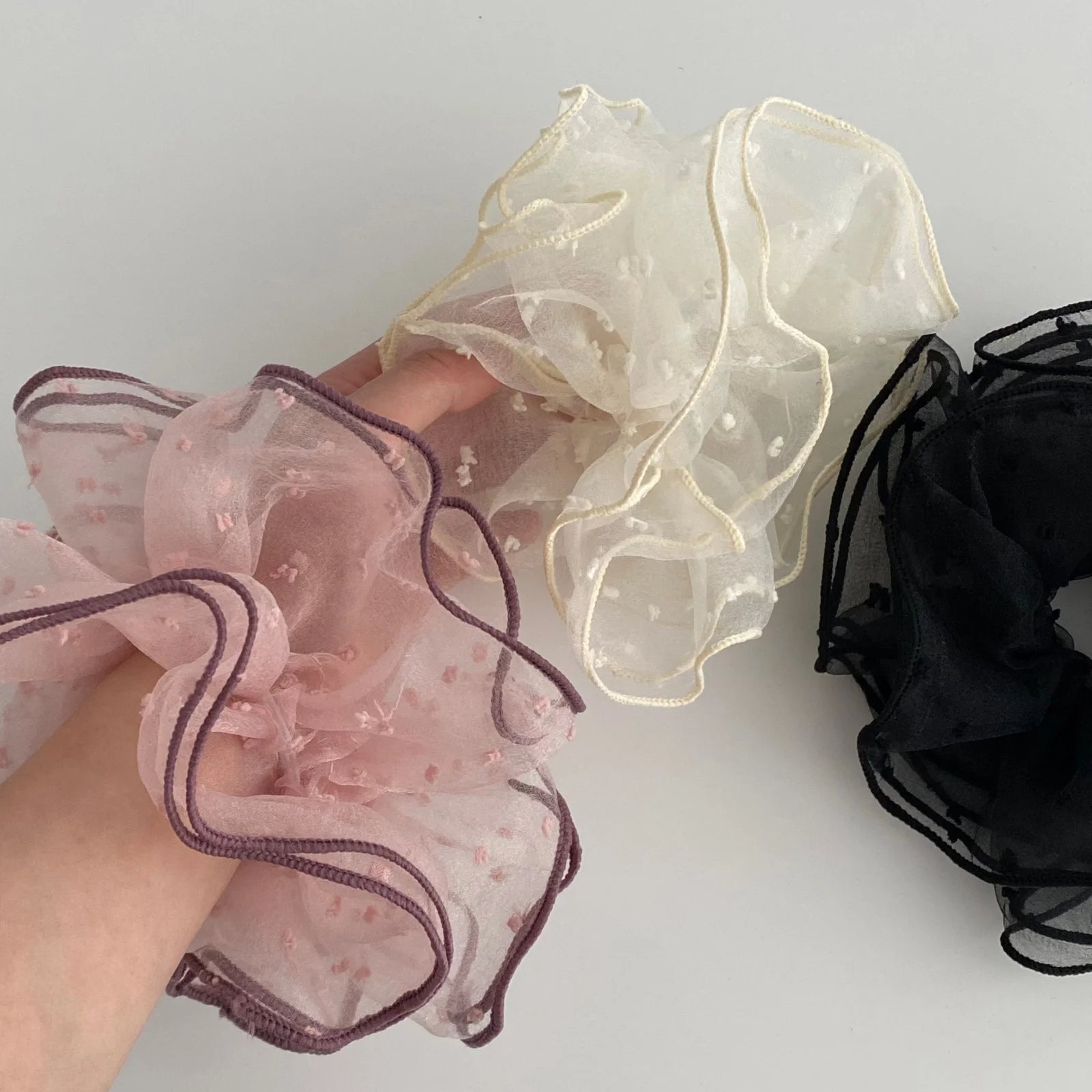 Ruffled Sheer Dot Mesh Ponytail Holder