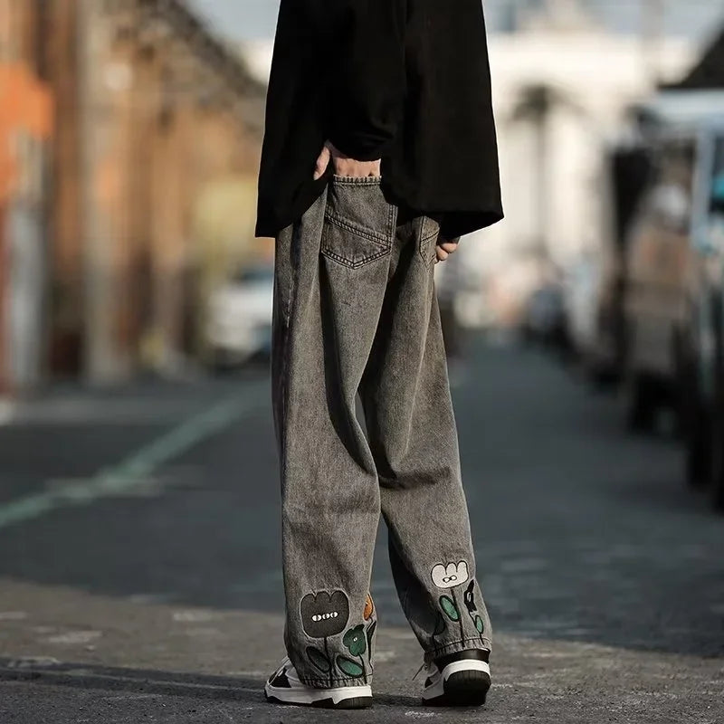 Straight Leg Flower Embroidery Jeans