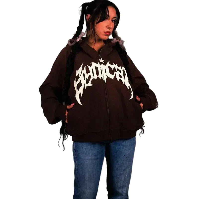 Y2K Letter Print Zip Vintage Hoodie