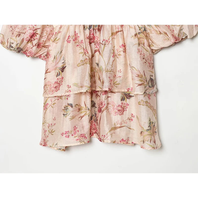 Vintage V Neck Floral Print Short Dress