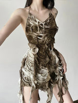 Rusty Grunge Patchwork Tassel Backless Dress