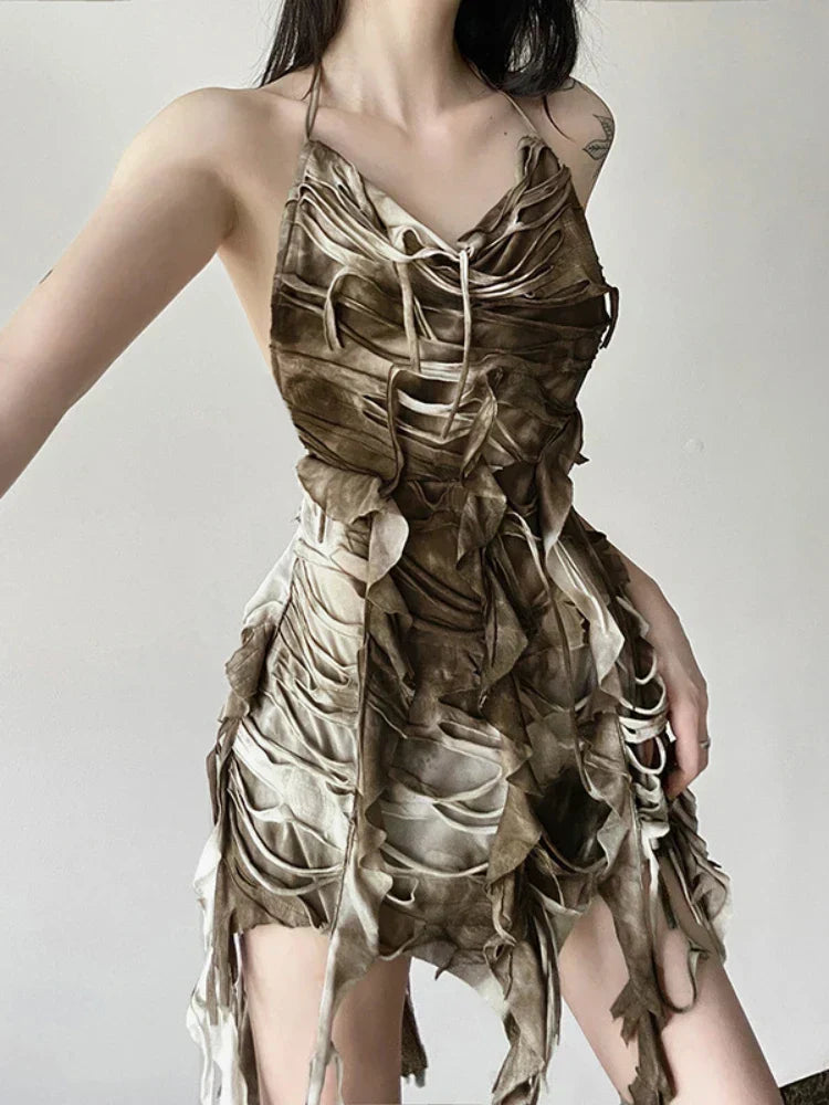Rusty Grunge Patchwork Tassel Backless Dress