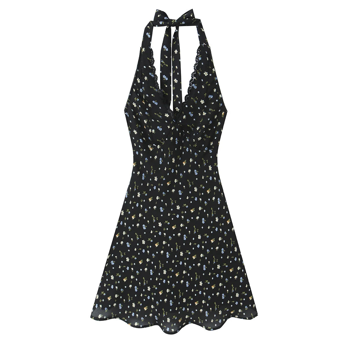 Black Floral Halter Sexy Backless Dress