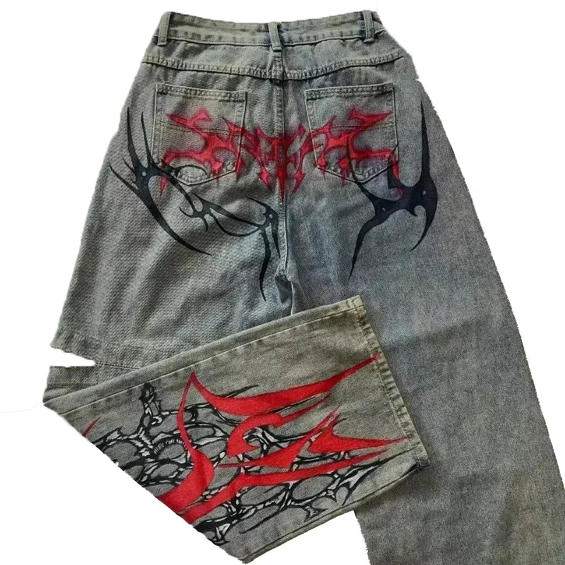 Grunge Embroidery Red Jeans