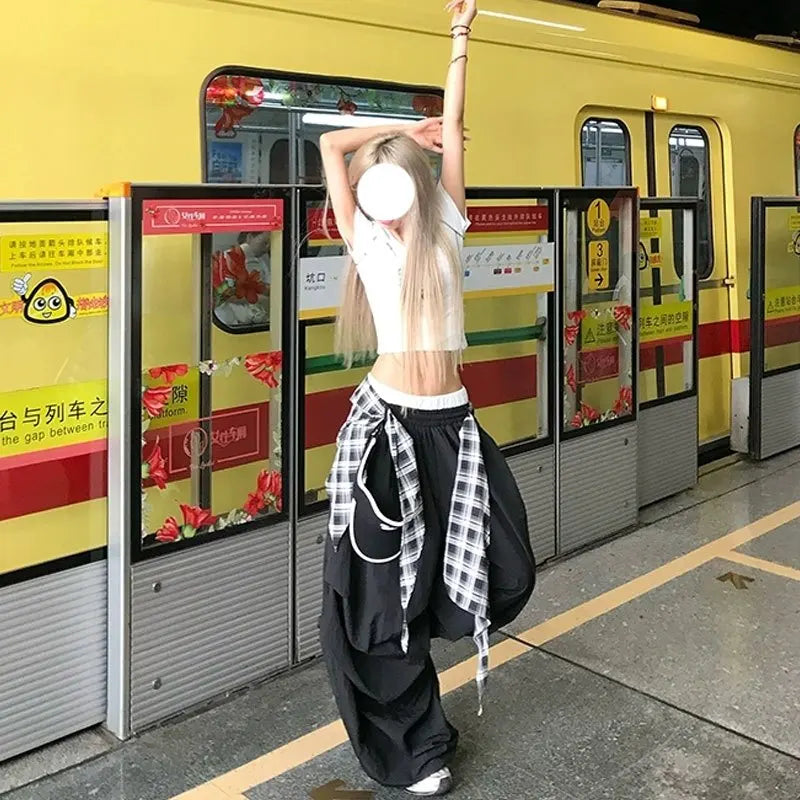 Black Plaid Wide Leg Cargo Pants