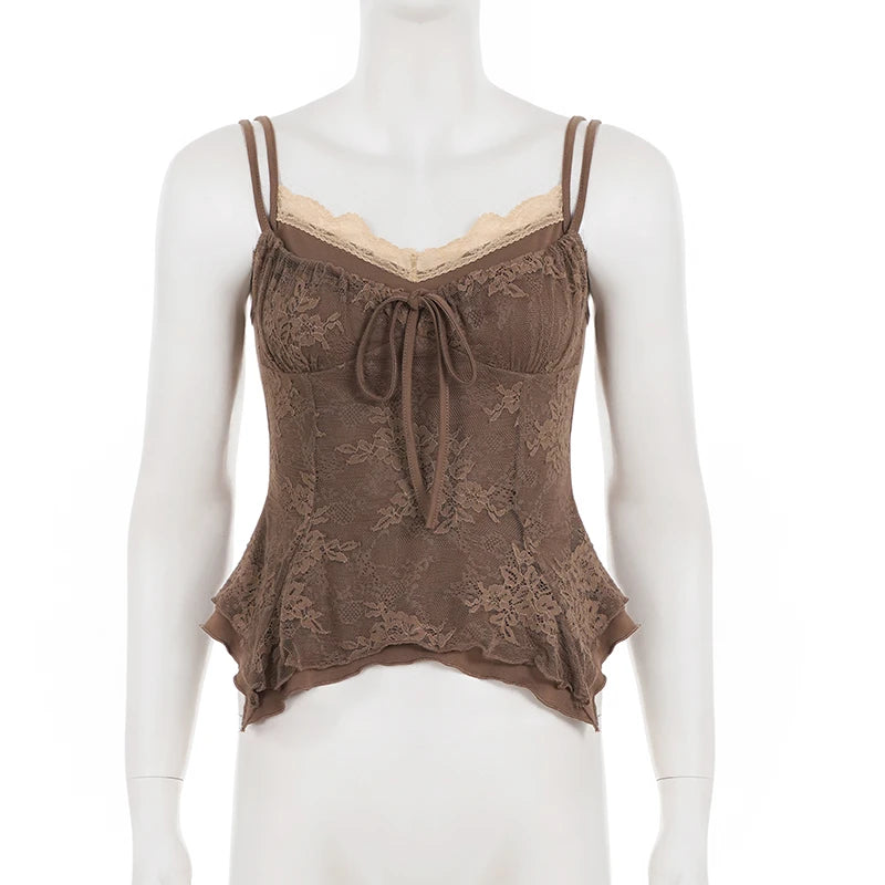Brown lace tank top on a mannequin against a white background