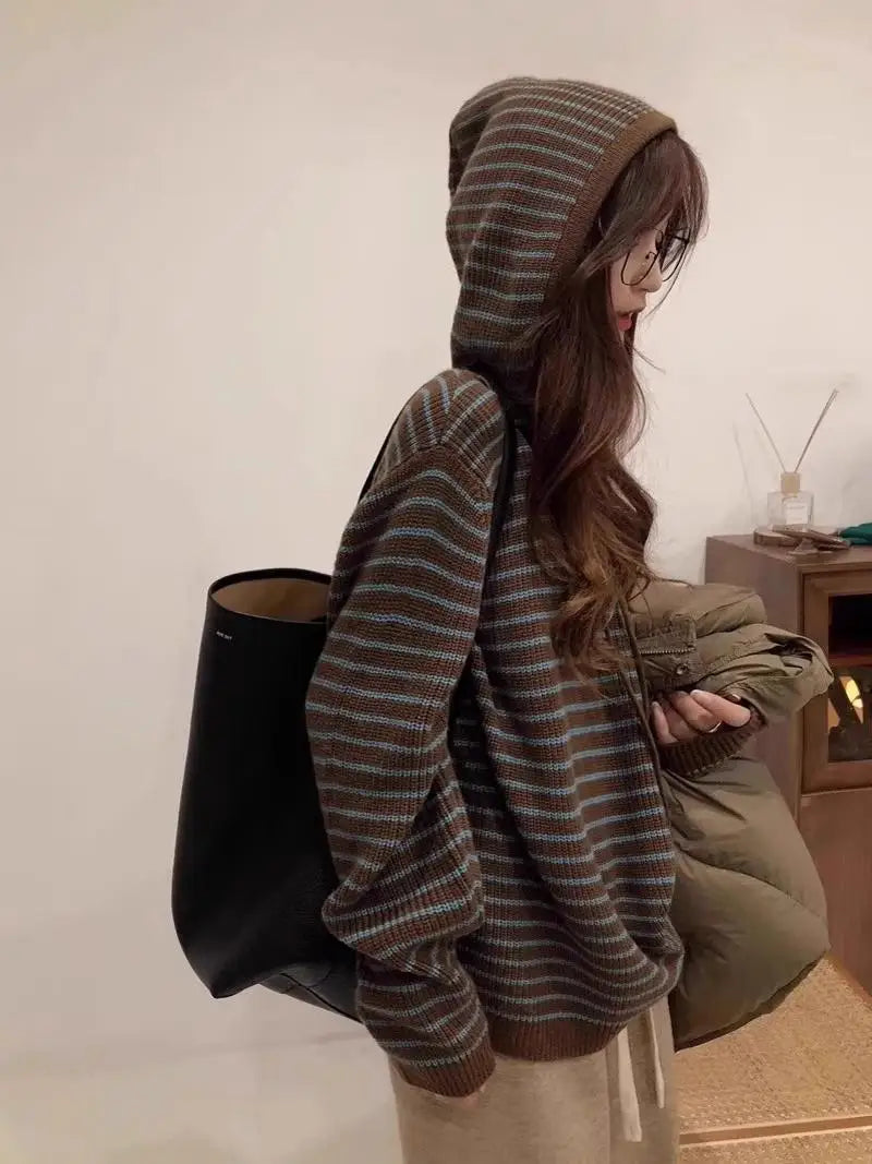 Brown Knitted Striped Hoodie