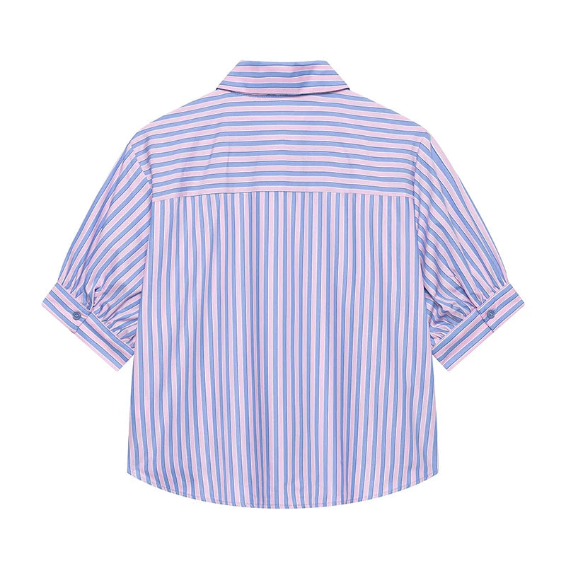 Sequined Striped Crop Women Blue Shirt