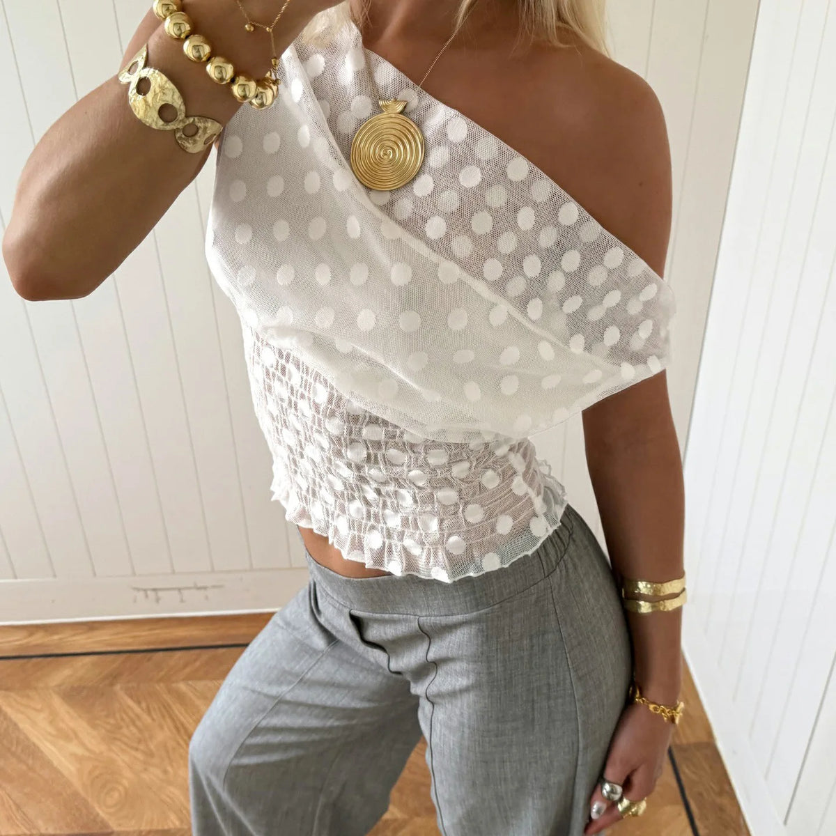 Y2k Cropped Off-shoulder Mesh Top