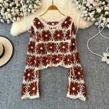 Boho Daisy Crochet Sheer Knit T-Shirt