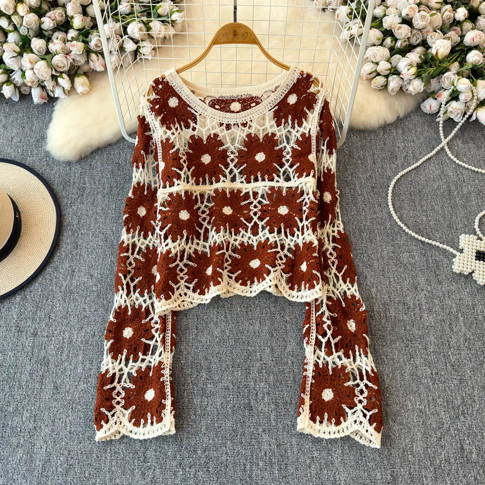 Boho Daisy Crochet Sheer Knit T-Shirt