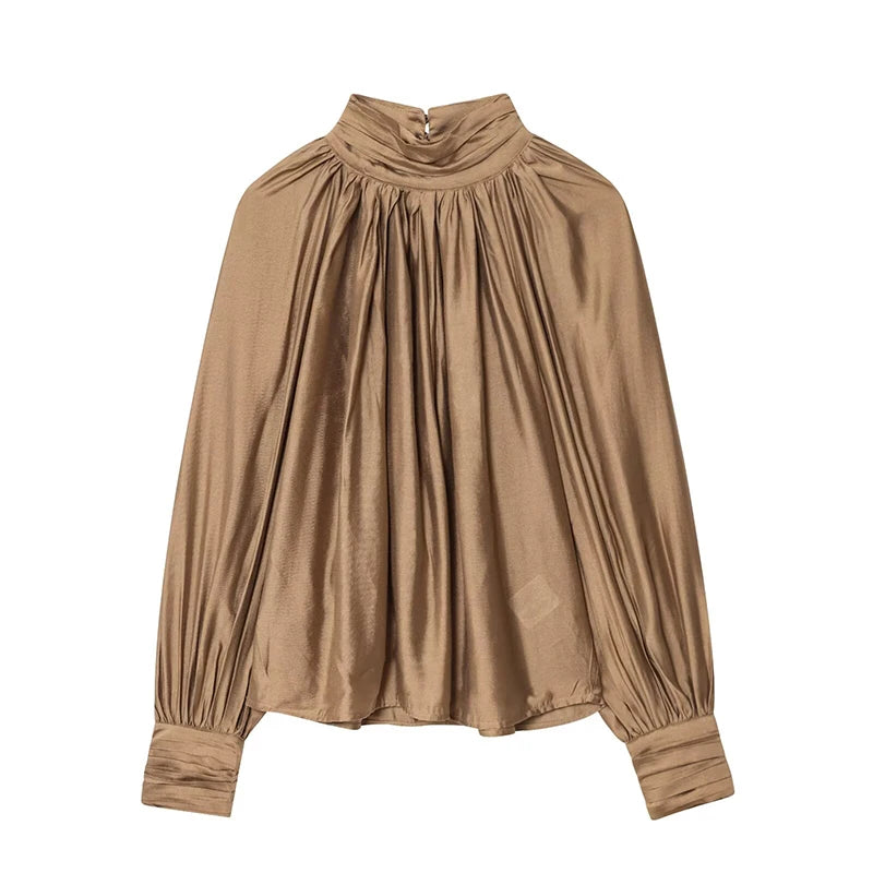 Half High Collar Pleated Long Sleeve Office Shirt