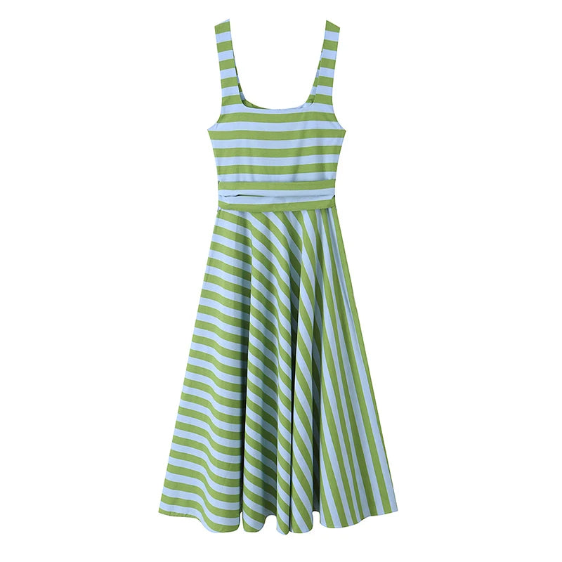 Casual Green Sleeveless Striped With Belted Midi Dress