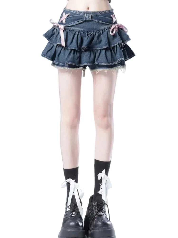 Coquette Core Pleated Denim Mini Skirt