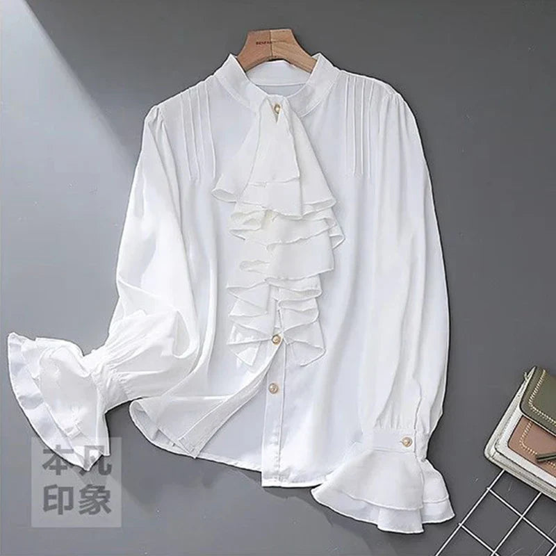 Elegant White Ruffles Flare Sleeve Blouse