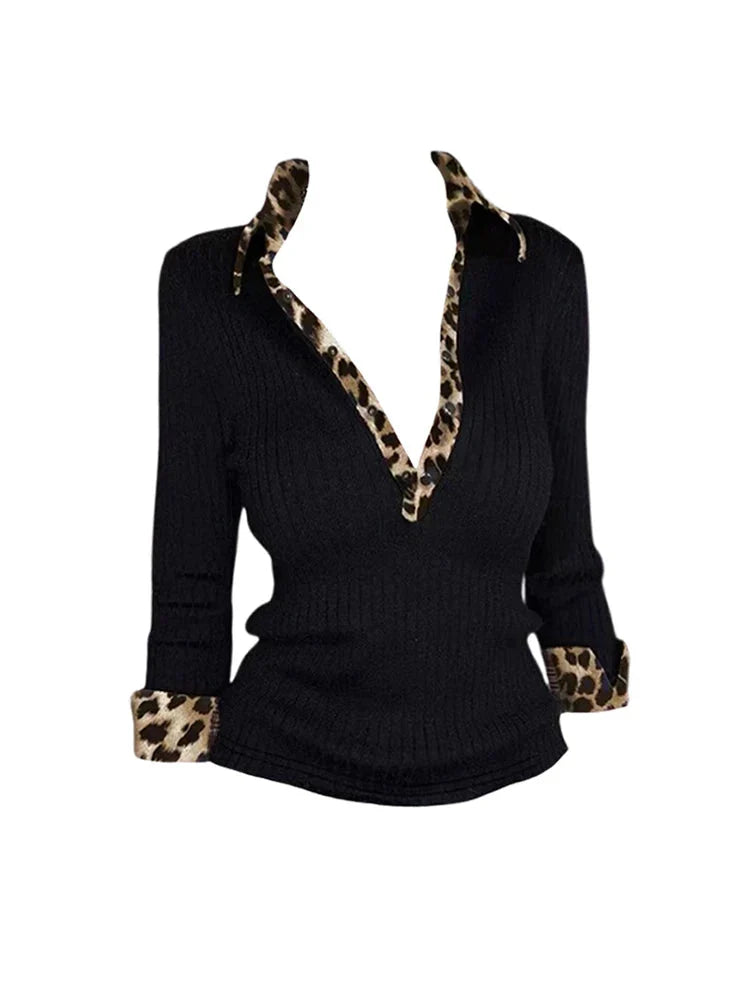 Y2K Leopard V-neck Blouse