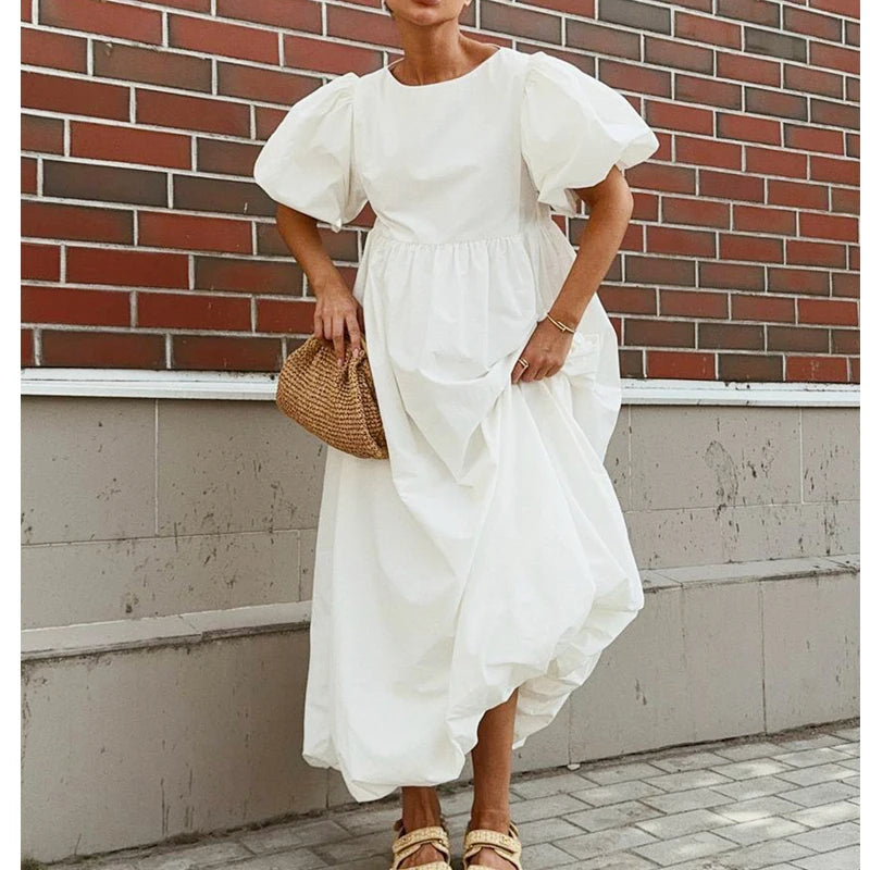 Puff Sleeve Bohemian White Boho Midi Dress