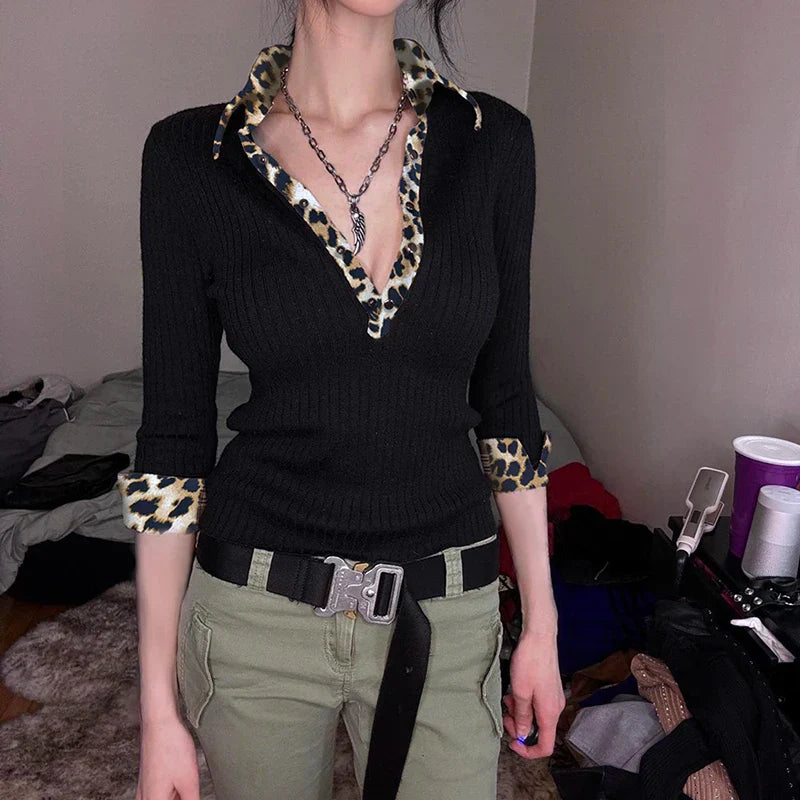 Y2K Leopard V-neck Blouse