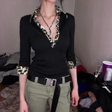 Y2K Leopard V-neck Blouse