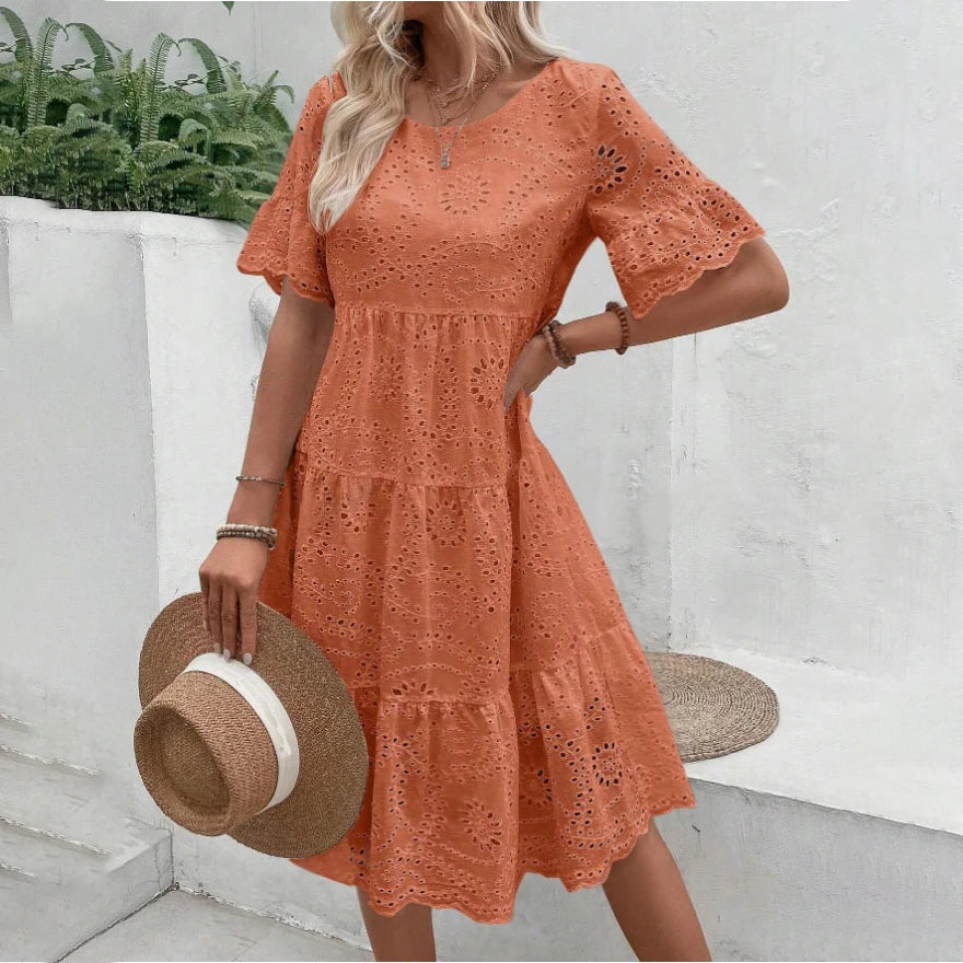 Women's White Hollow Out Boho Midi Dress