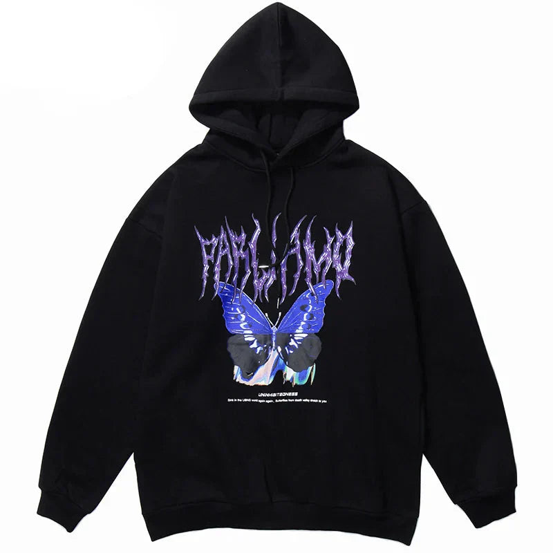 Sudadera con Capucha Oversize con Mariposa Negra Lavada