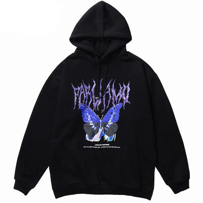 Oversized Black Washed Hoodie mit Schmetterling