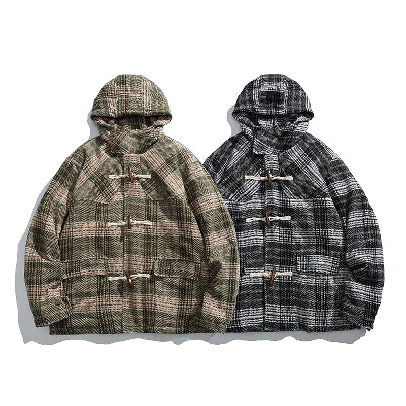 Retro Karierte Woll-Steppjacke mit Kapuze