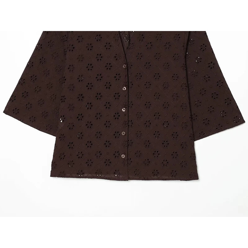 Women Brown Openwork Embroidery Shirt