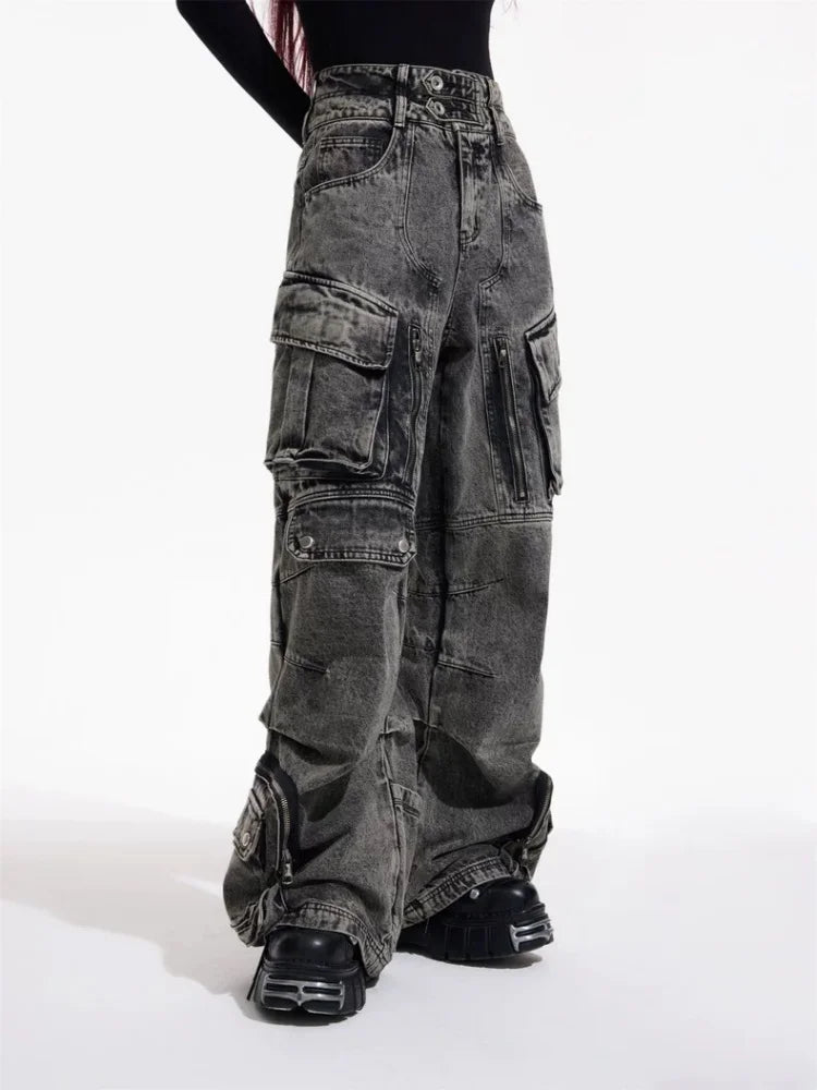 Vintage Grey Pleated Washed Cargo Jeans