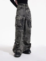 Vintage Grey Pleated Washed Cargo Jeans
