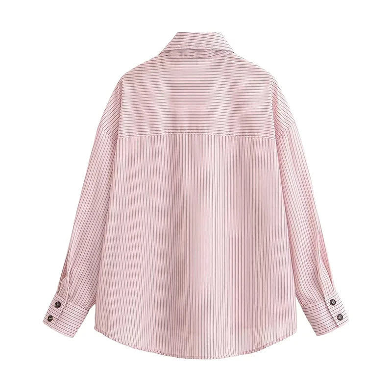 Women Pink Striped High Neck Shirt