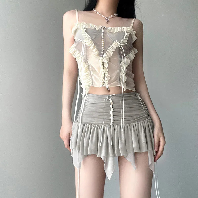Fairycore Ruffled Mesh Corset Top And Skirt